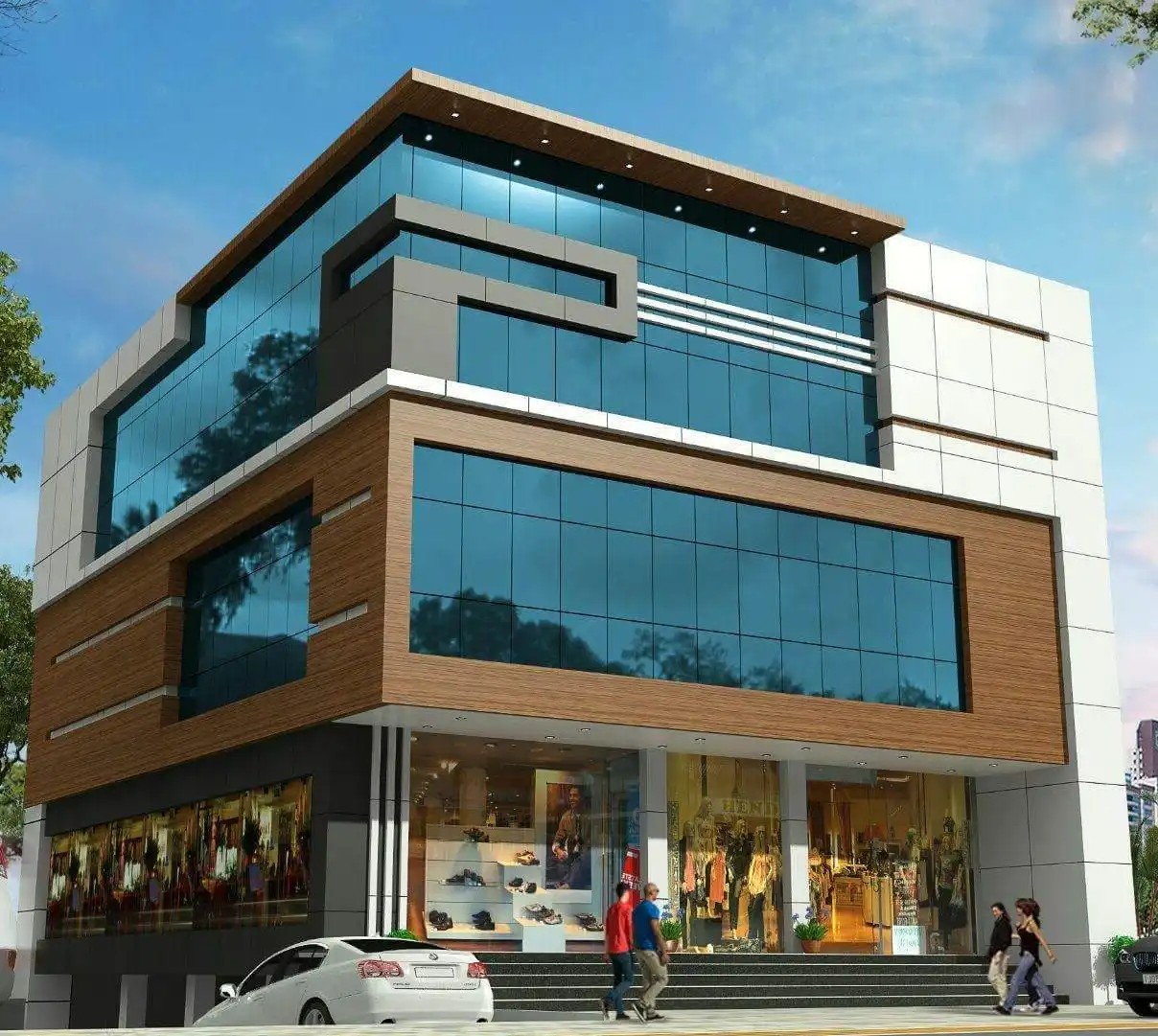 Elegant contemporary house design in Nepal featuring wooden and metallic texture ACP elements
